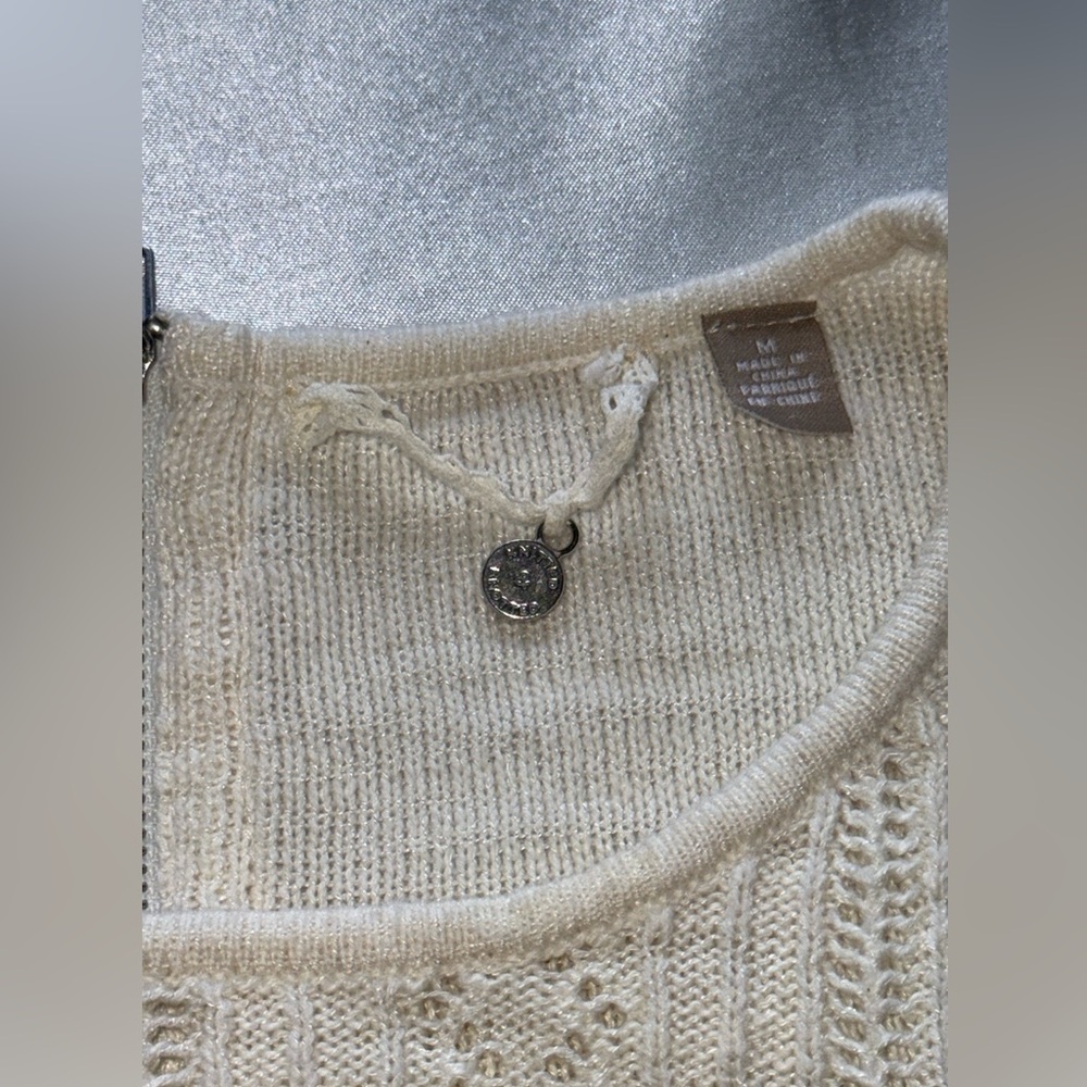 Knitted & Knotted Coquette Cream Lace Sleeve Sweater Texture Cotton Rear Zip SzM - Picture 14 of 16